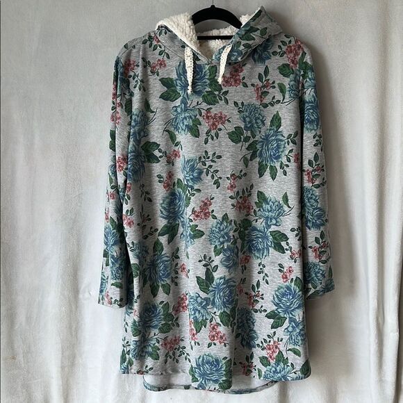 Joe Boxer Gray Floral Long Sleeve Fleece Hooded Long Sweater Size XL - Picture 1 of 14